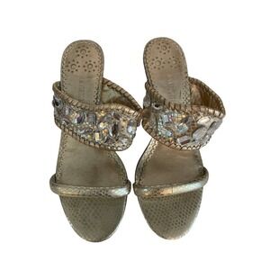 Jack Rogers Platinum Jewel Embellished Snake Print Slip On Heels Sandals Sz 6.5